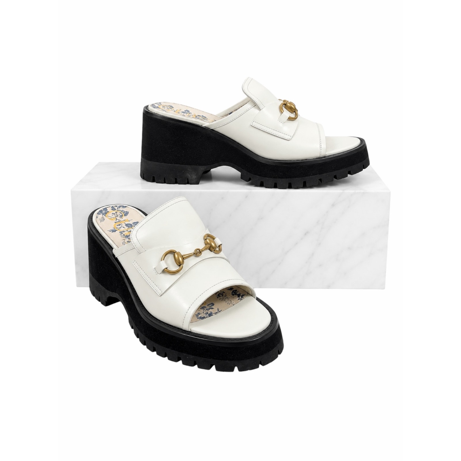 Gucci Cordovan Horsebit Open Toe Platform Slide Sandal Dusty White Size 41